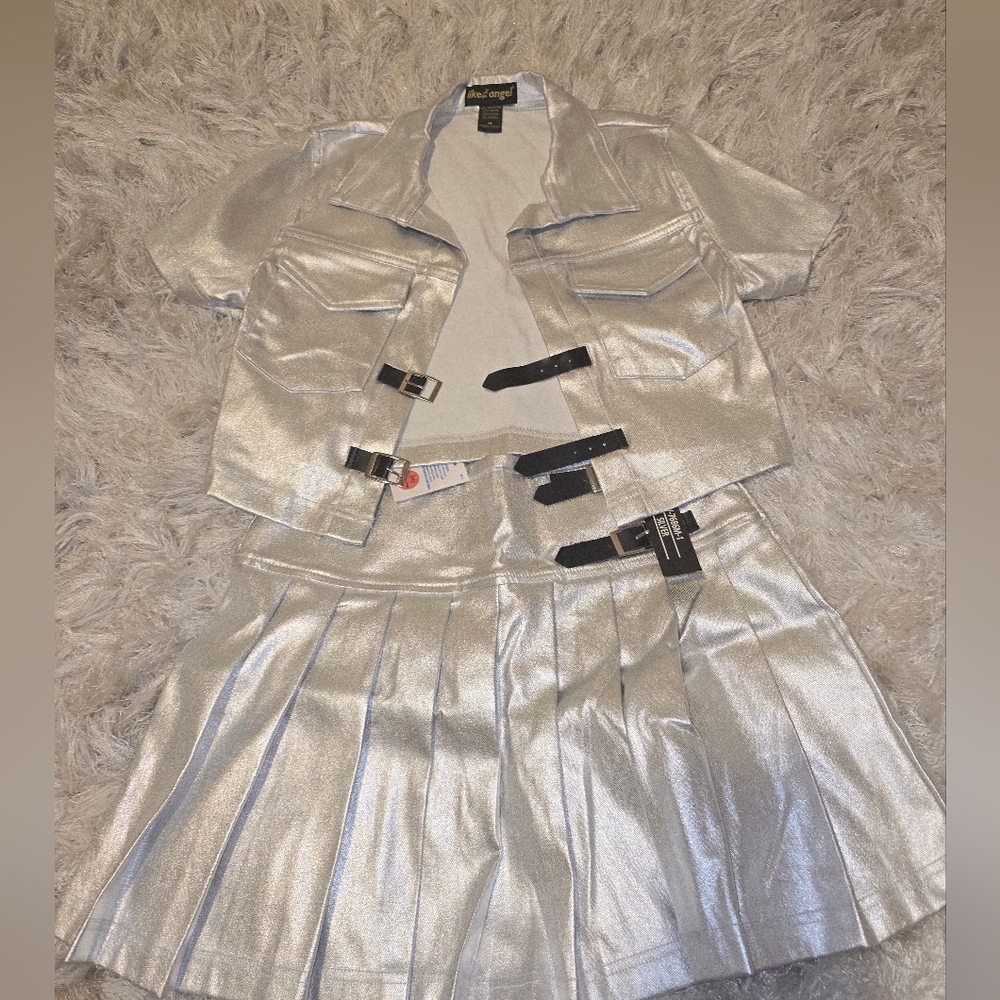 Silver Metallic Two-Piece Skirt Set